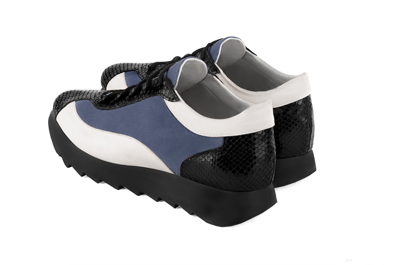 Satin black, denim blue and off white women's elegant sneakers. Round toe. Low rubber soles. Rear view - Florence KOOIJMAN